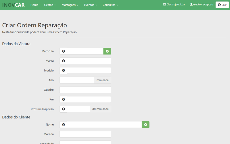 Interface de criação de ordem de reparação